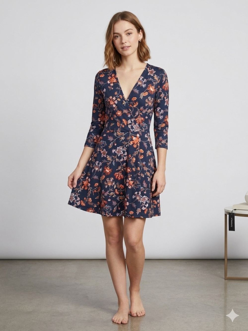 Floral Wrap Skater Dress - Navy with Coral Floral